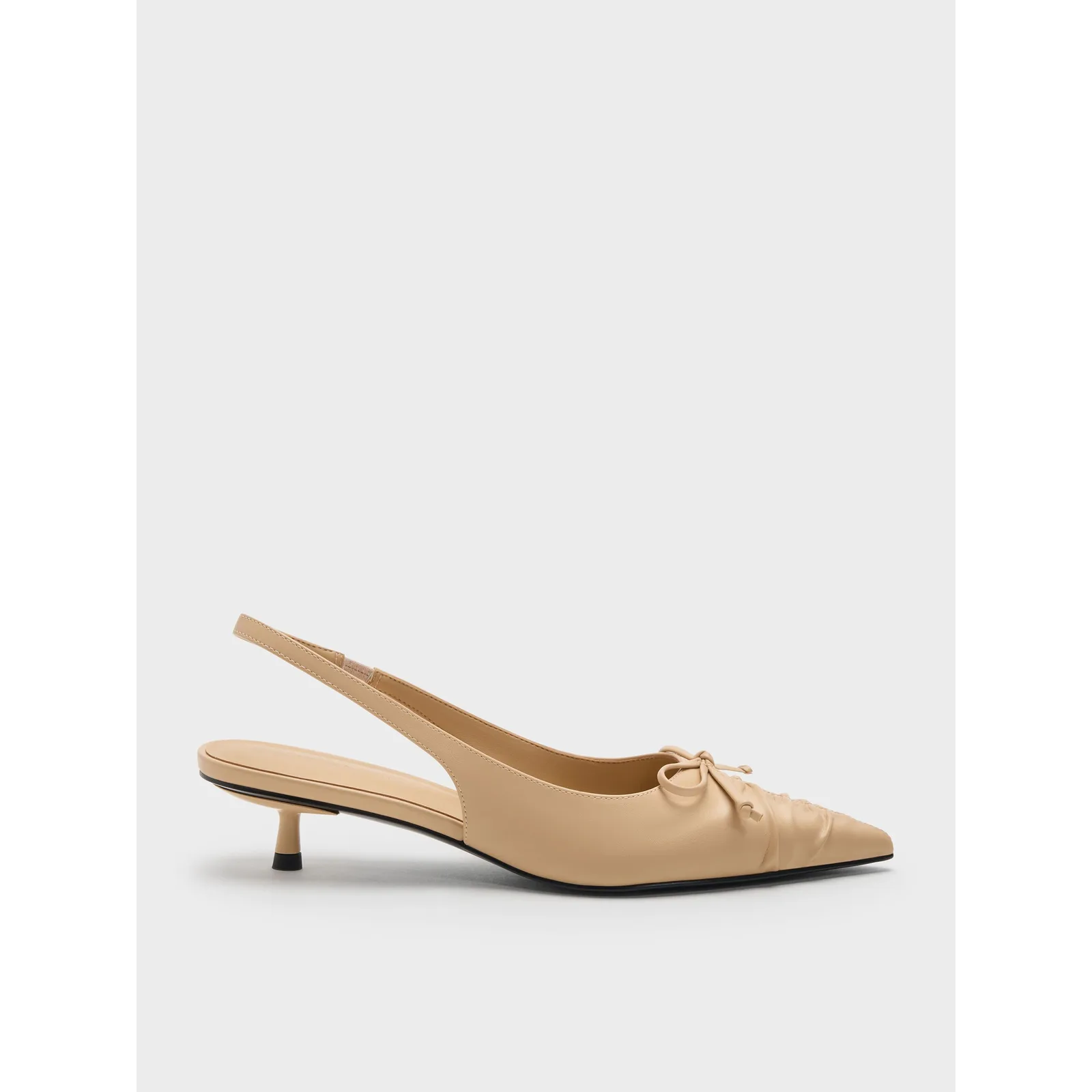 Charles & Keith Sepatu Kitten Heels Slingback Bow Ruched Sand