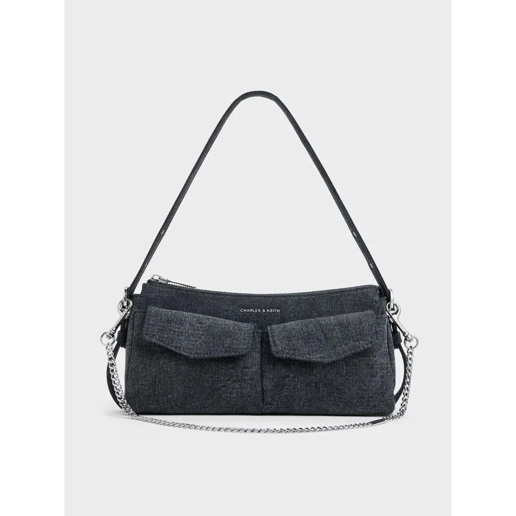 Charles & Keith Tas Bahu Chain Front-Pocket Denim Rachel Denim Blue