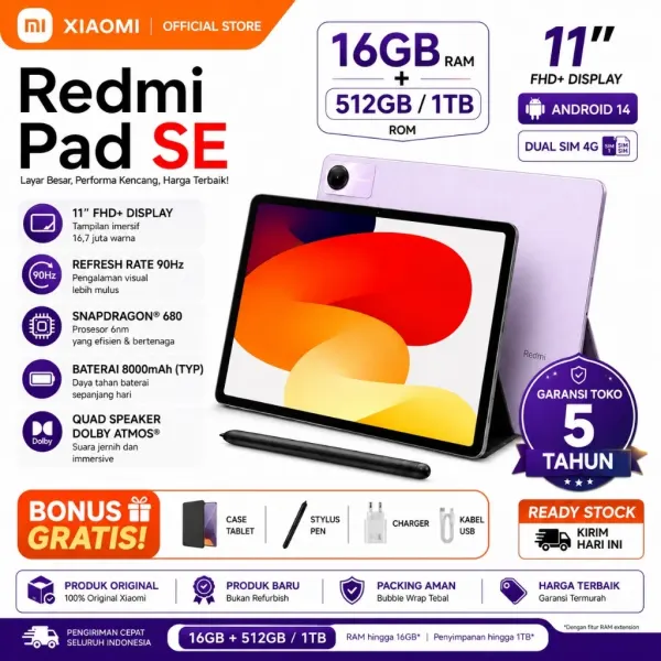 Xiaomi Redmi Pad SE 16GB+512GB Snapdragon 680 Layar 11" FHD+ 8000mAh 5 Tahun Garansi Resmi